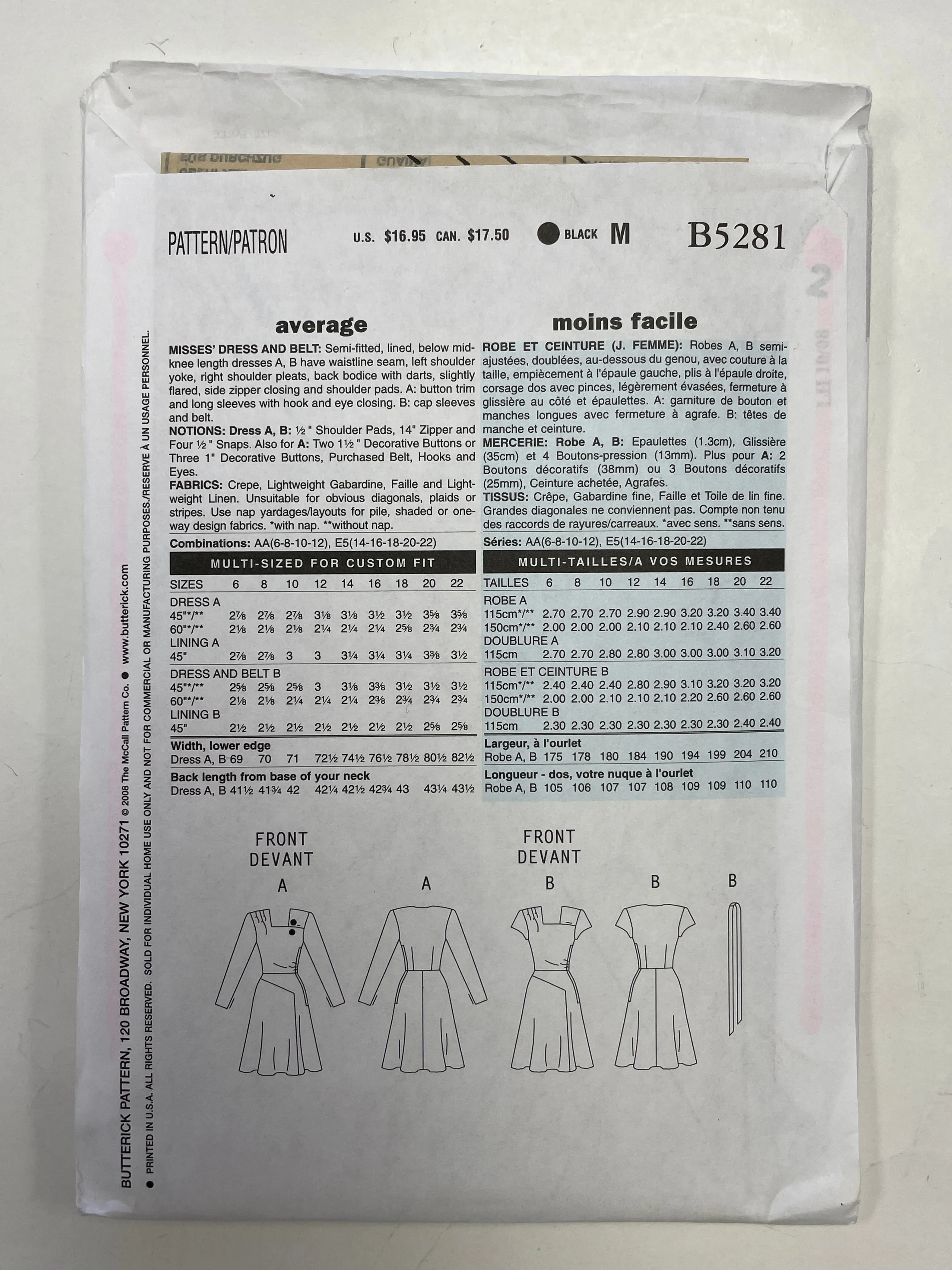 1946 Butterick 5281 Sewing Pattern - Dress and Belt FACTORY FOLDED