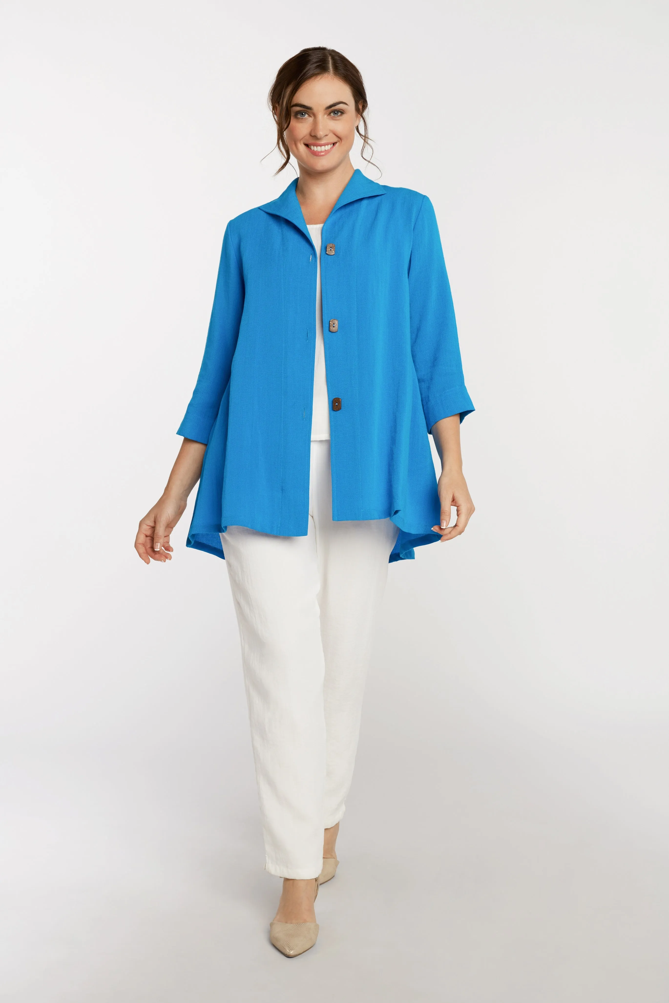 AA183 - Long Coconut Button Swing Linen Jacket
