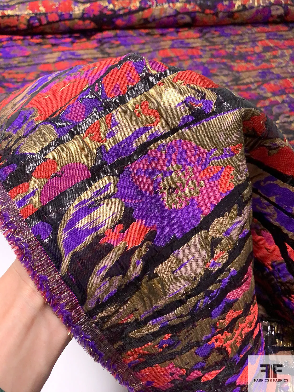 Abstract Textured and Glossy Metallic Brocade - Purple / Rose / Antique Gold / Black