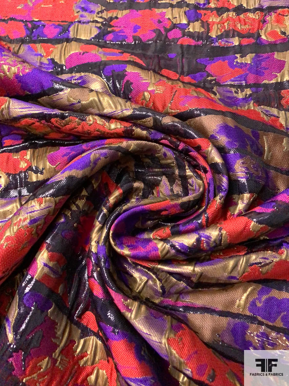 Abstract Textured and Glossy Metallic Brocade - Purple / Rose / Antique Gold / Black