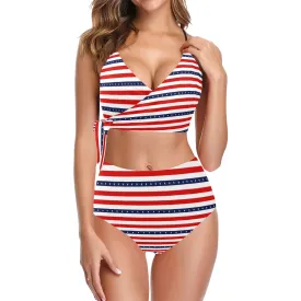 americana stars and stripes striped print 2 Knot Side Bikini Swimsuit (Model S37)