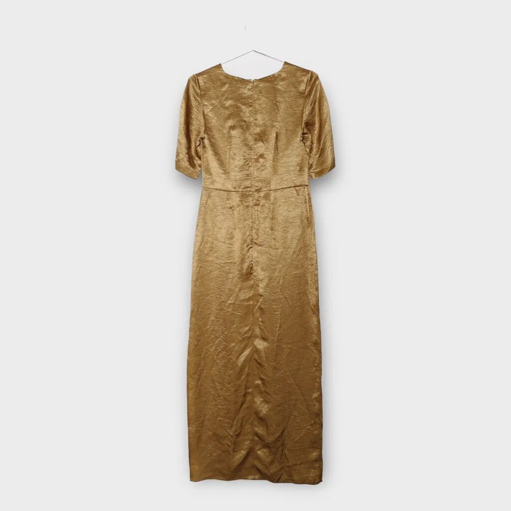 Anna Quan Brown Gold Crinkly V-Neck Twist Bias Maxi