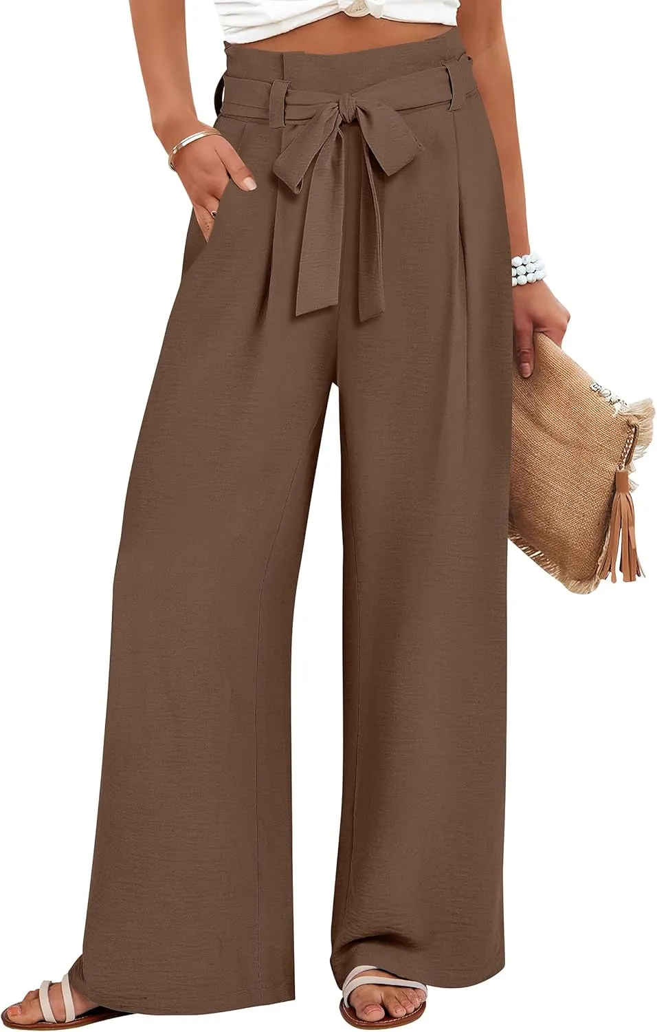 ANRABESS Womens Wide Leg Palazzo Pants Belted High Waisted Business Casual Flowy Long Trousers with Pockets