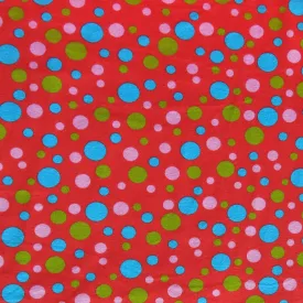 Aqua, Lime, and Pink Bubble Dots on Red Cotton Spandex Knit Fabric