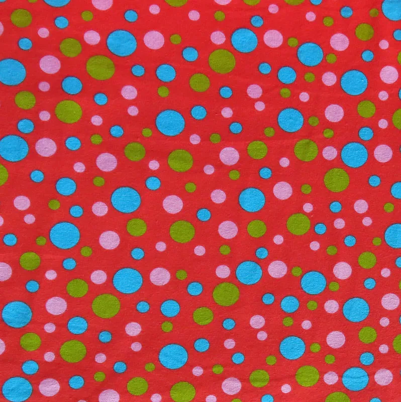 Aqua, Lime, and Pink Bubble Dots on Red Cotton Spandex Knit Fabric