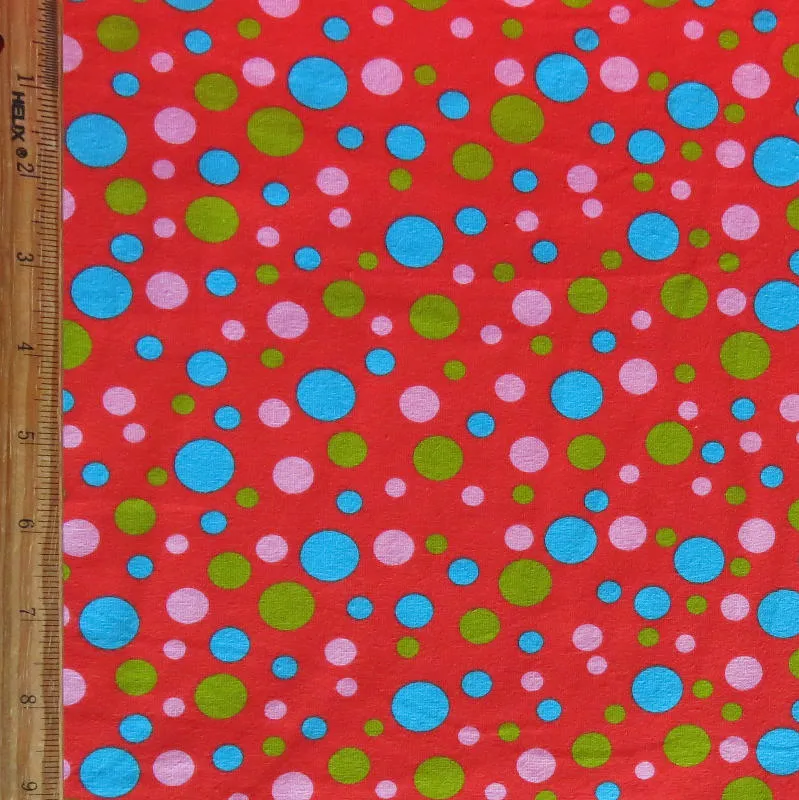 Aqua, Lime, and Pink Bubble Dots on Red Cotton Spandex Knit Fabric