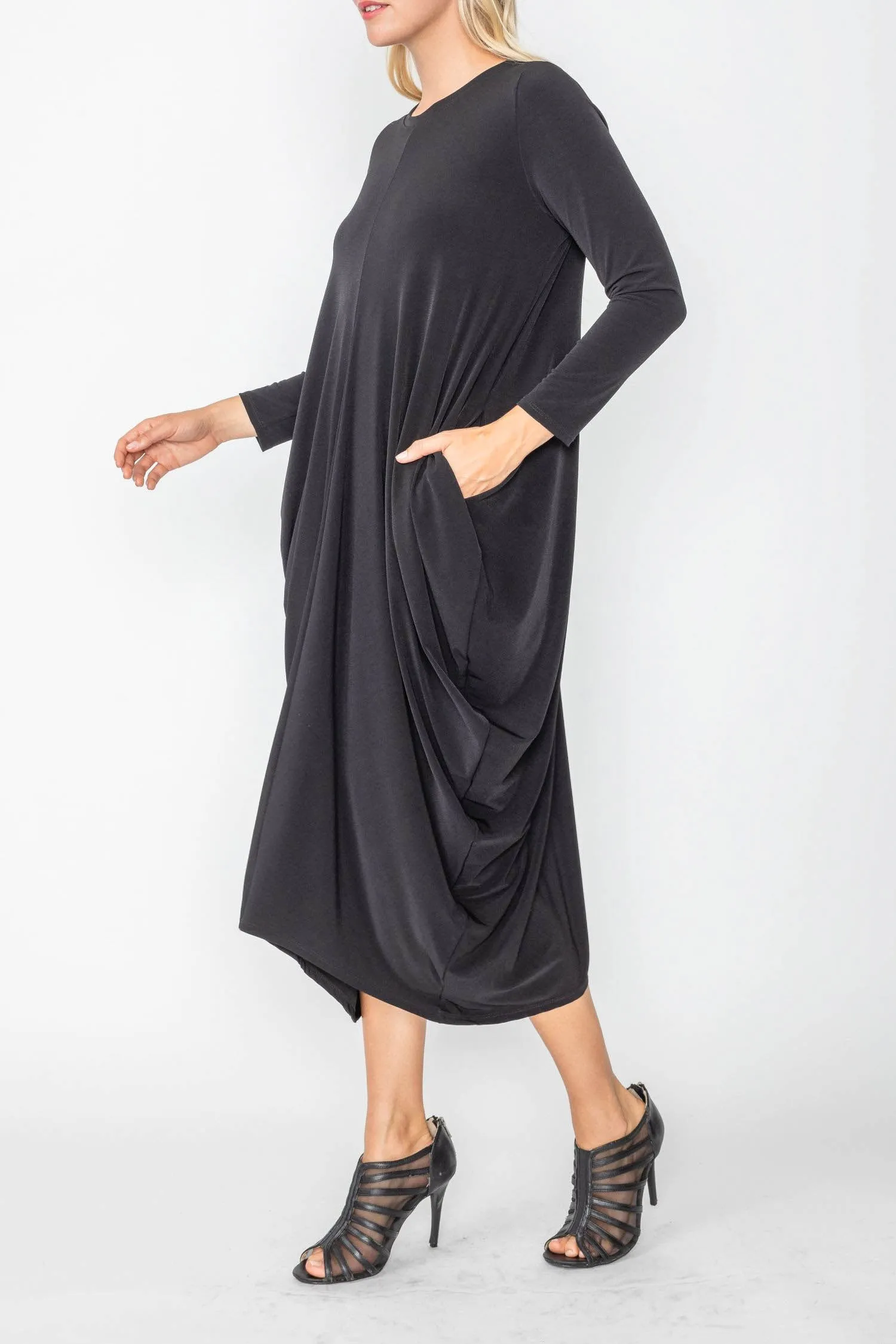 Black Draped Side Long Sleeve Dress