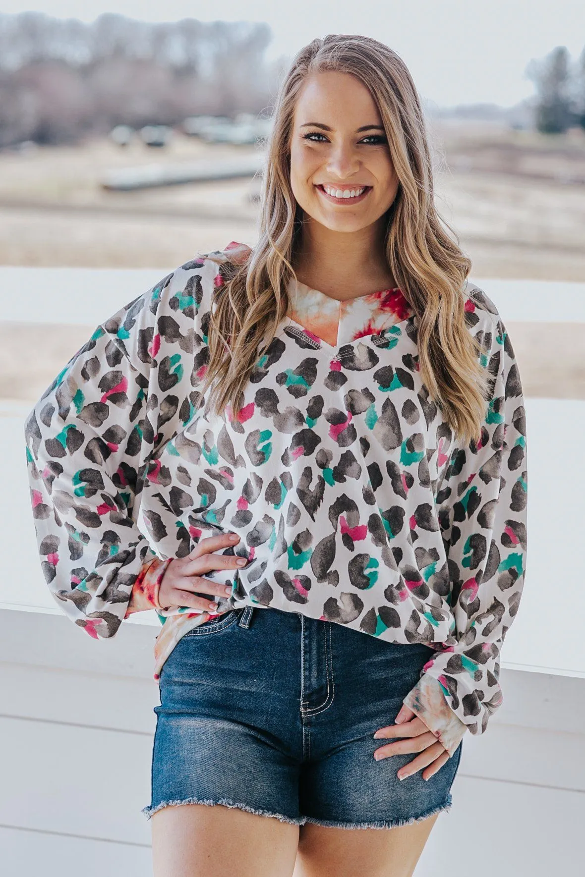 Born To Run Leopard Tie Dye Long Sleeve Top in Ivory