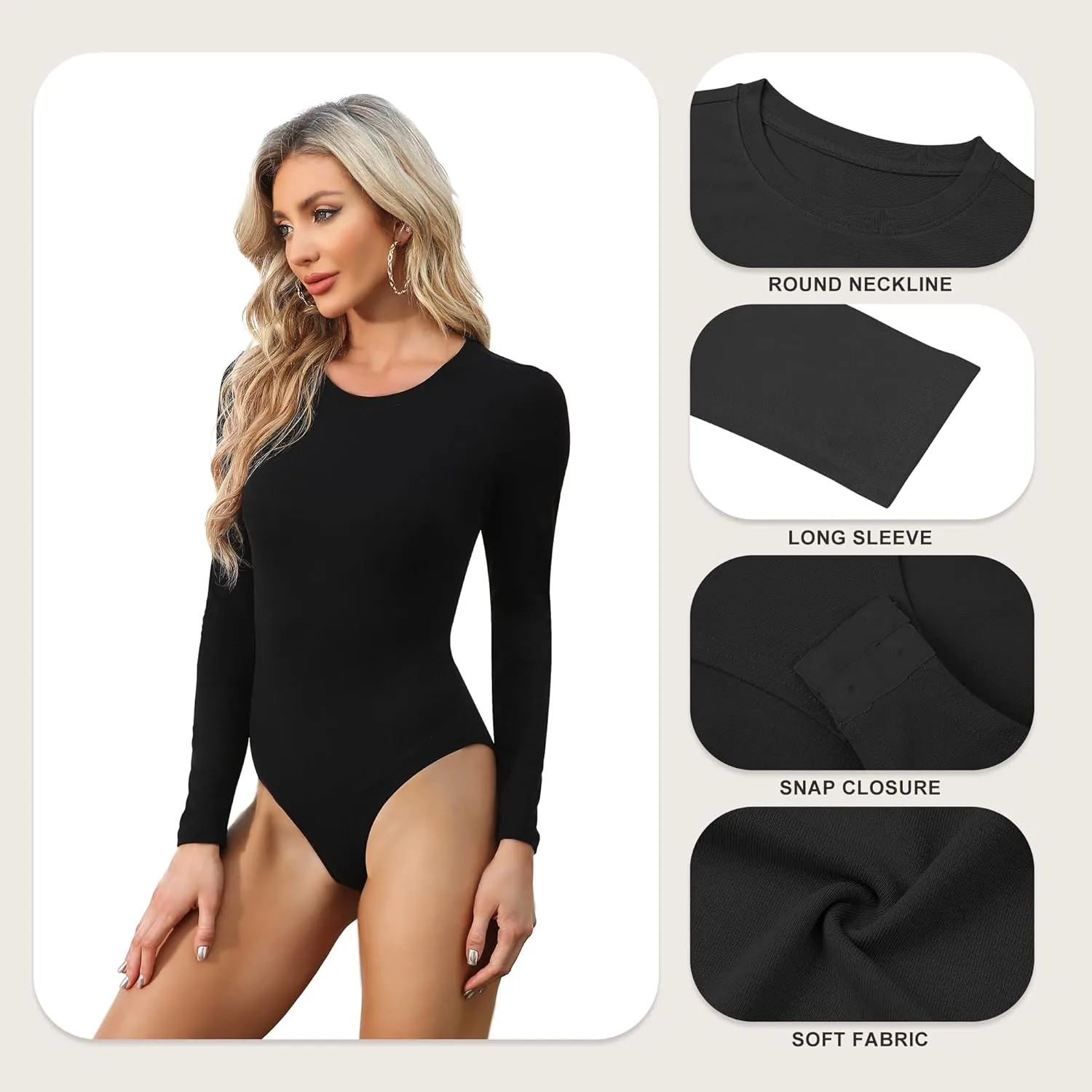 CE' CERDR 4/5 Pack Long Sleeve Bodysuit for Women Round Neck Casual Stretchy Basic Shirts Crew Neck Body Suits Tops
