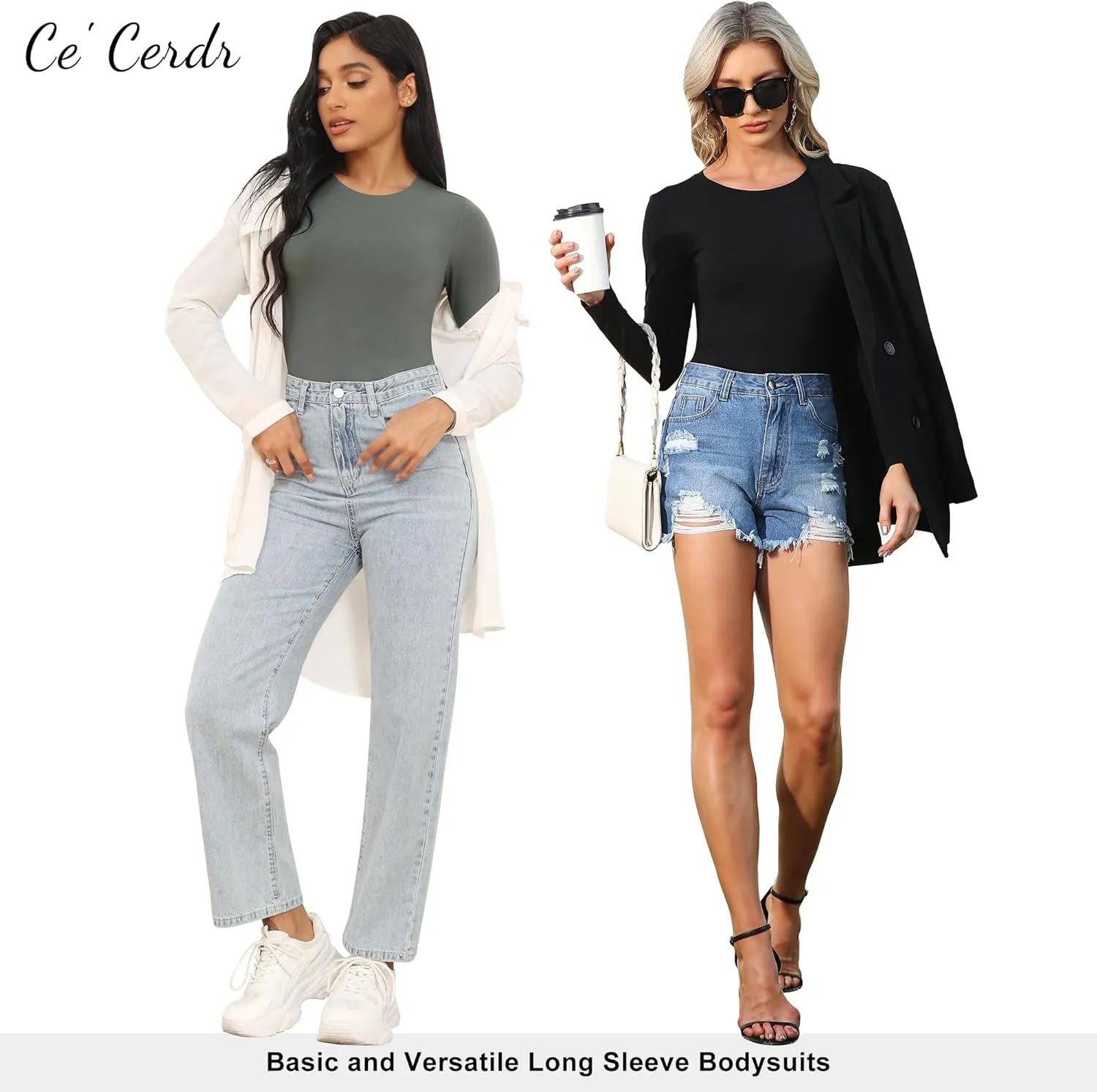 CE' CERDR 4/5 Pack Long Sleeve Bodysuit for Women Round Neck Casual Stretchy Basic Shirts Crew Neck Body Suits Tops