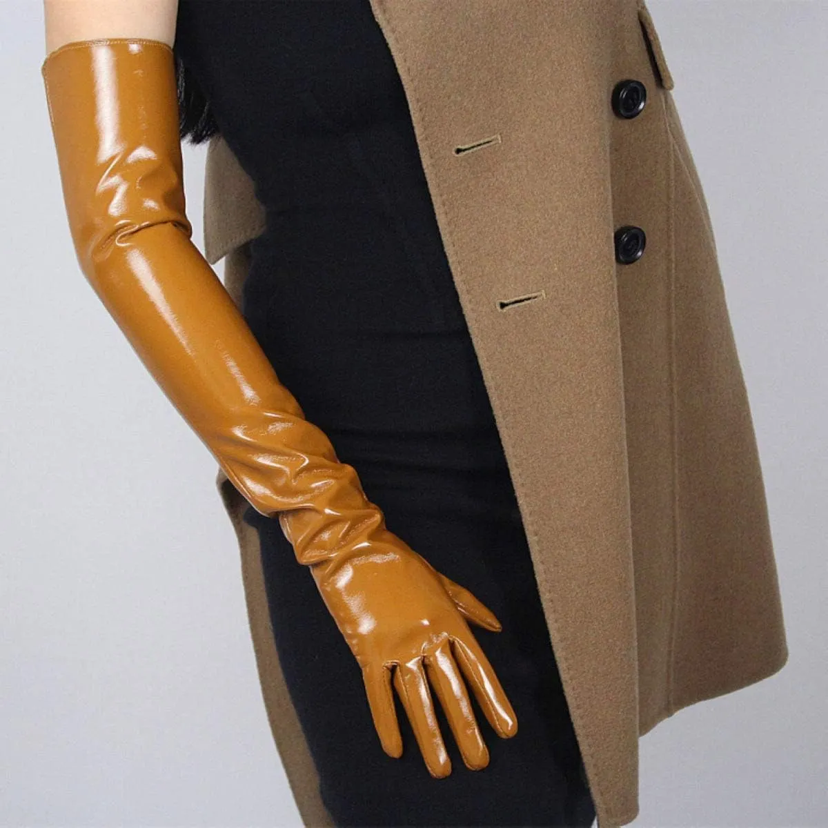 DooWay Women Opera Leather Gloves Shine Wet Look 24 inches Faux Patent Leather PU for Evening Costume Dance Pageant