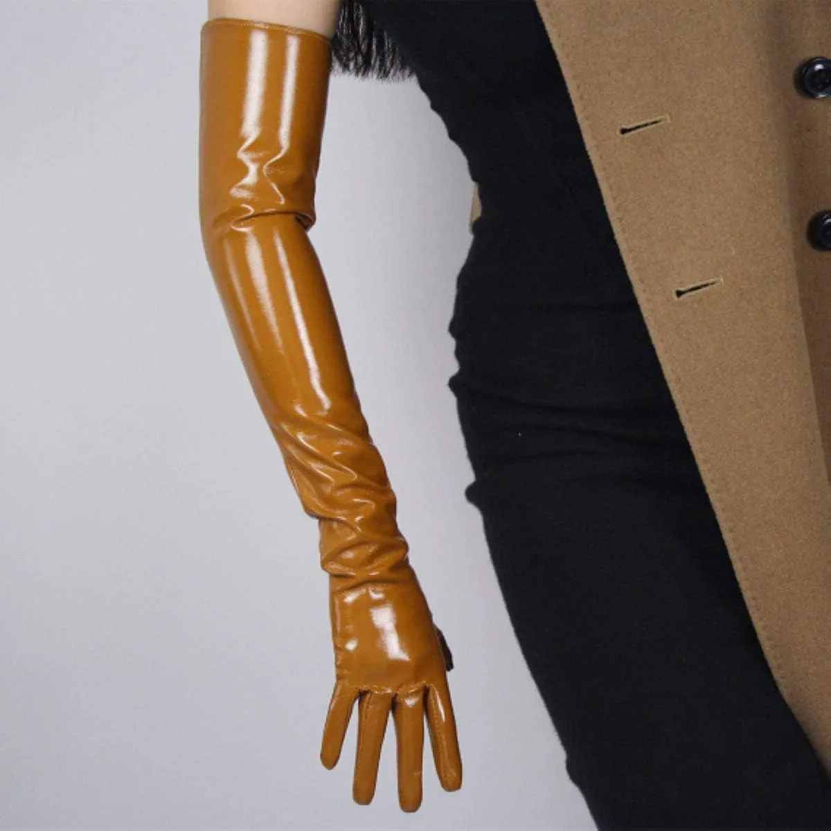 DooWay Women Opera Leather Gloves Shine Wet Look 24 inches Faux Patent Leather PU for Evening Costume Dance Pageant