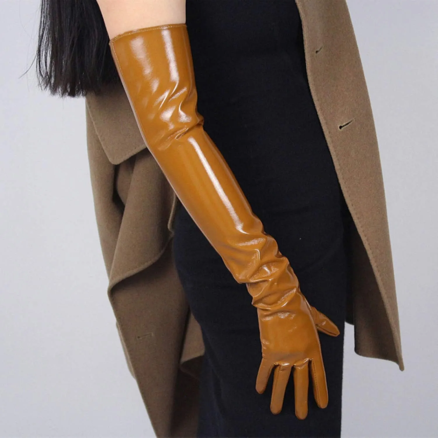 DooWay Women Opera Leather Gloves Shine Wet Look 24 inches Faux Patent Leather PU for Evening Costume Dance Pageant