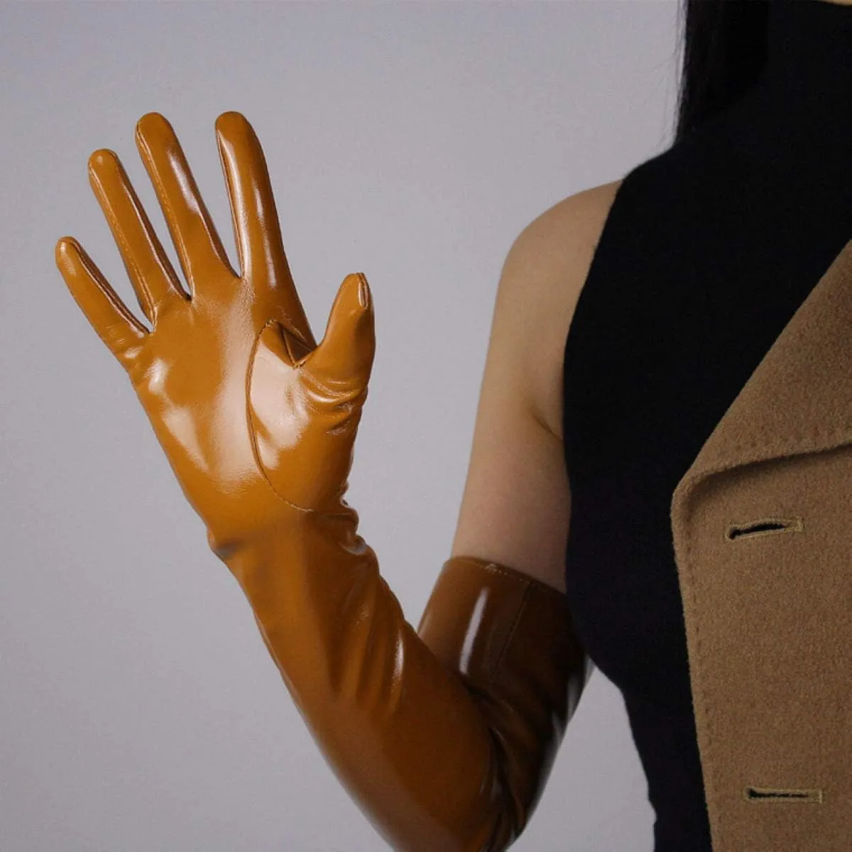 DooWay Women Opera Leather Gloves Shine Wet Look 24 inches Faux Patent Leather PU for Evening Costume Dance Pageant