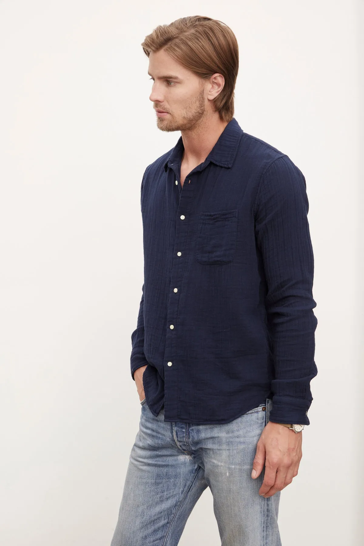 ELTON COTTON GAUZE BUTTON-UP SHIRT