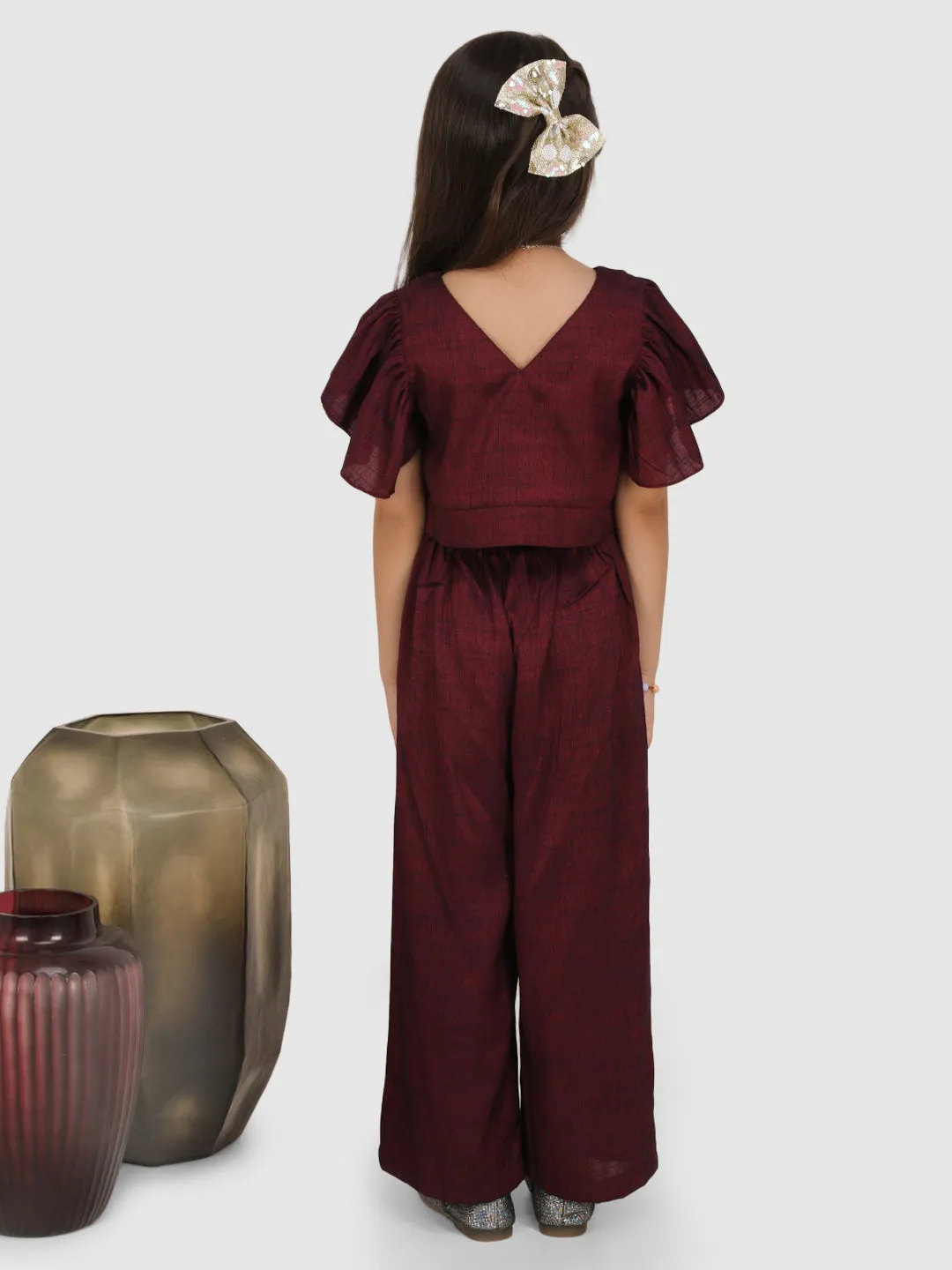 Embellished with neck flower gather top & culote -Wine