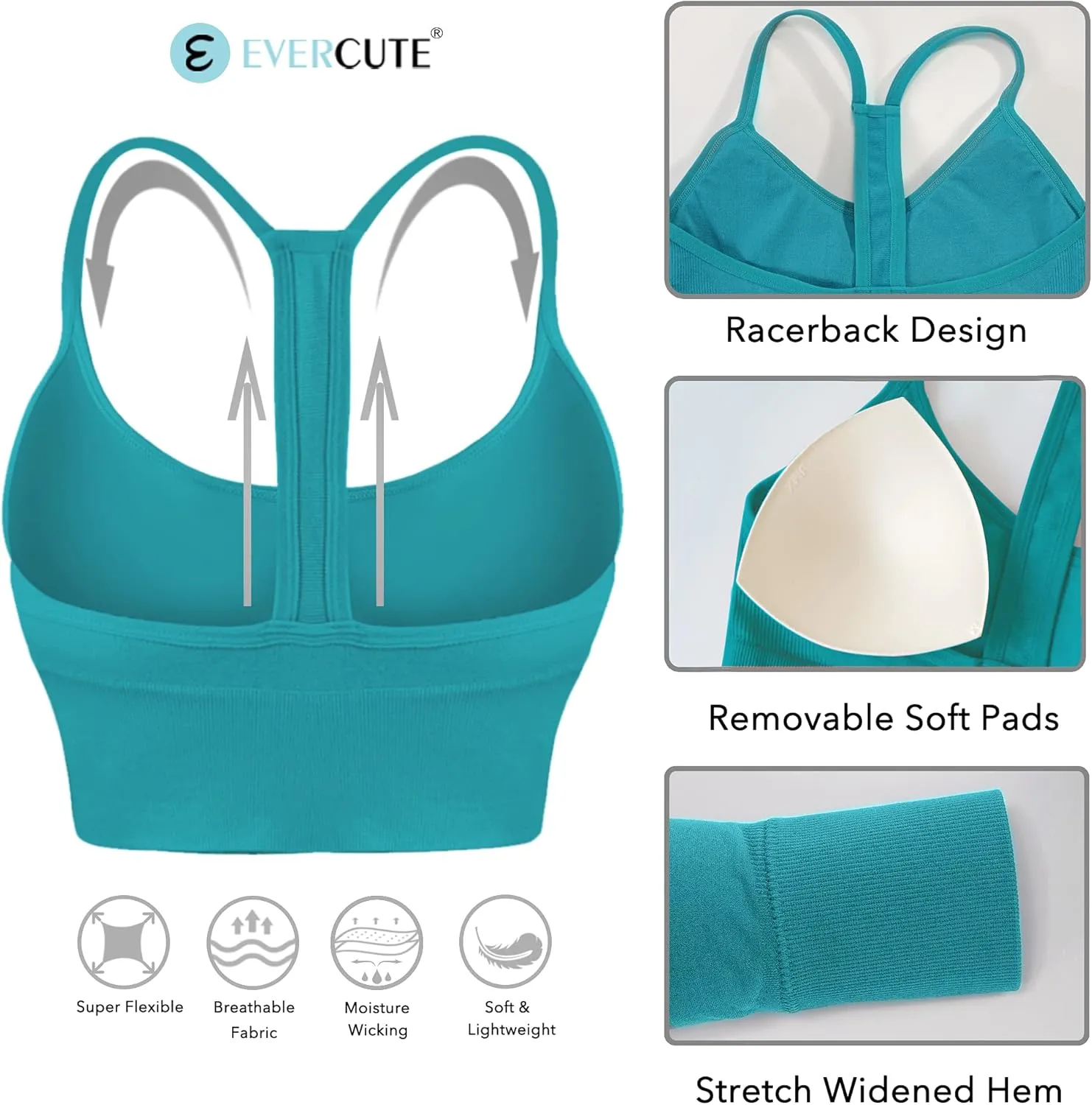 Evercute Racerback Sports Bras Padded Y Racer Back Cropped Bras for Yoga Workout Fitness Low Impact