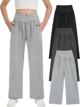 EXARUS 3 Pack Girls Lightweight Baggy Pants Straight/Tapered Wide Leg Pants Elastic Waist Flowy Pants with Pockets 6-14Y
