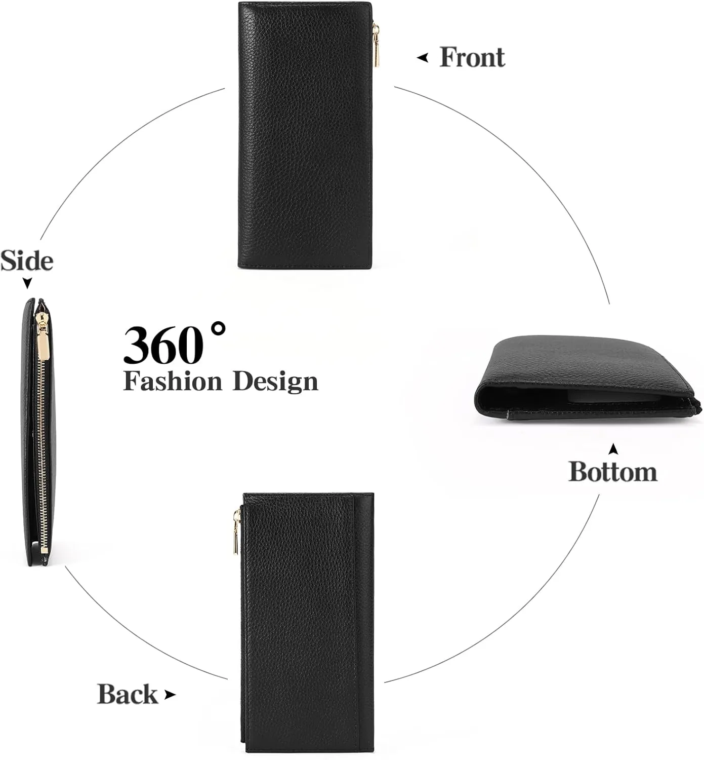 GOIACII Slim Wallet for Women Rfid Blocking Credit Card Holder with Zip Pocket Bifold Leather Black