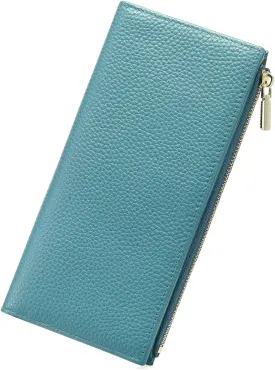 GOIACII Slim Wallet for Women Rfid Blocking Credit Card Holder with Zip Pocket Bifold Leather Blue