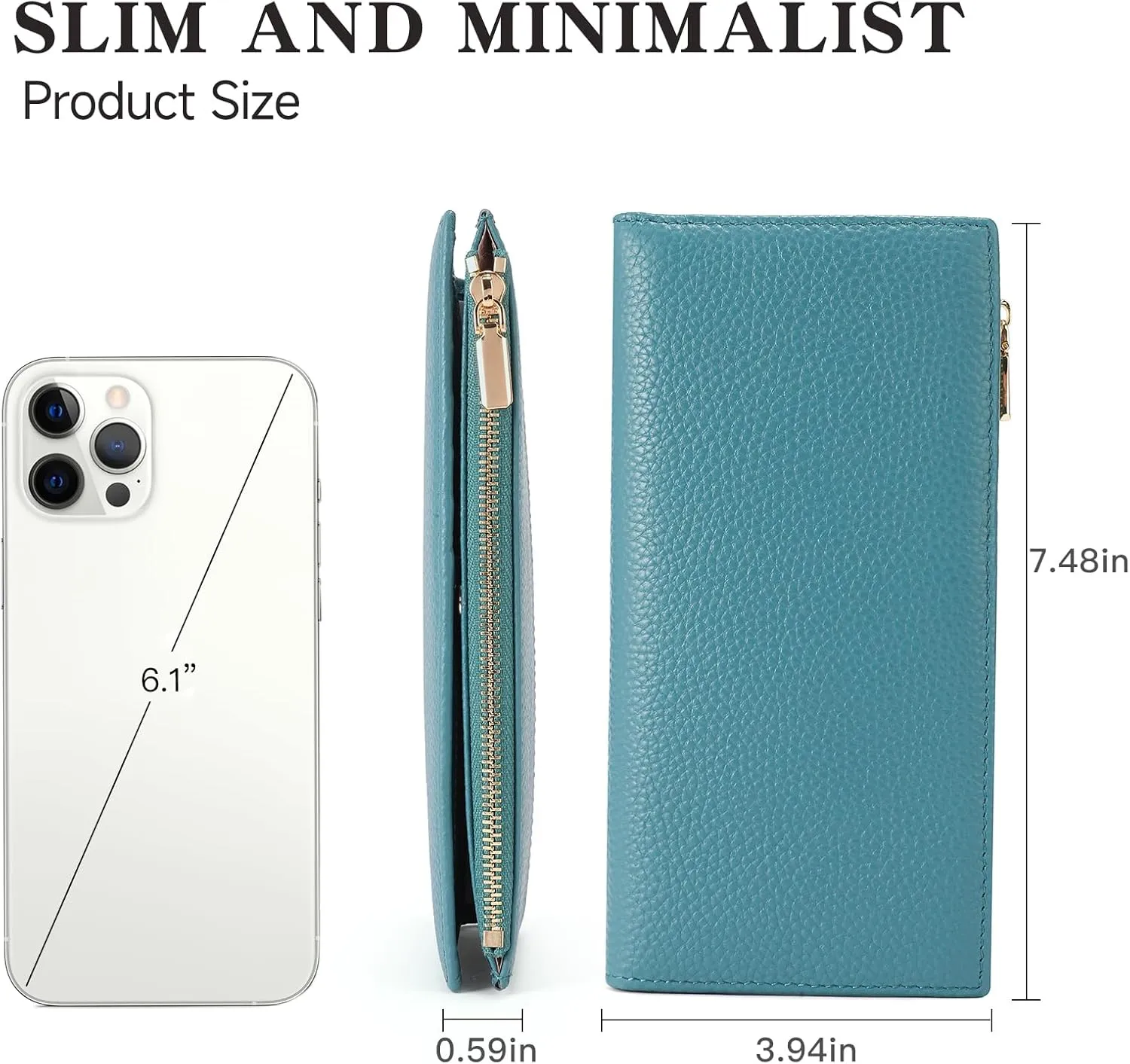 GOIACII Slim Wallet for Women Rfid Blocking Credit Card Holder with Zip Pocket Bifold Leather Blue