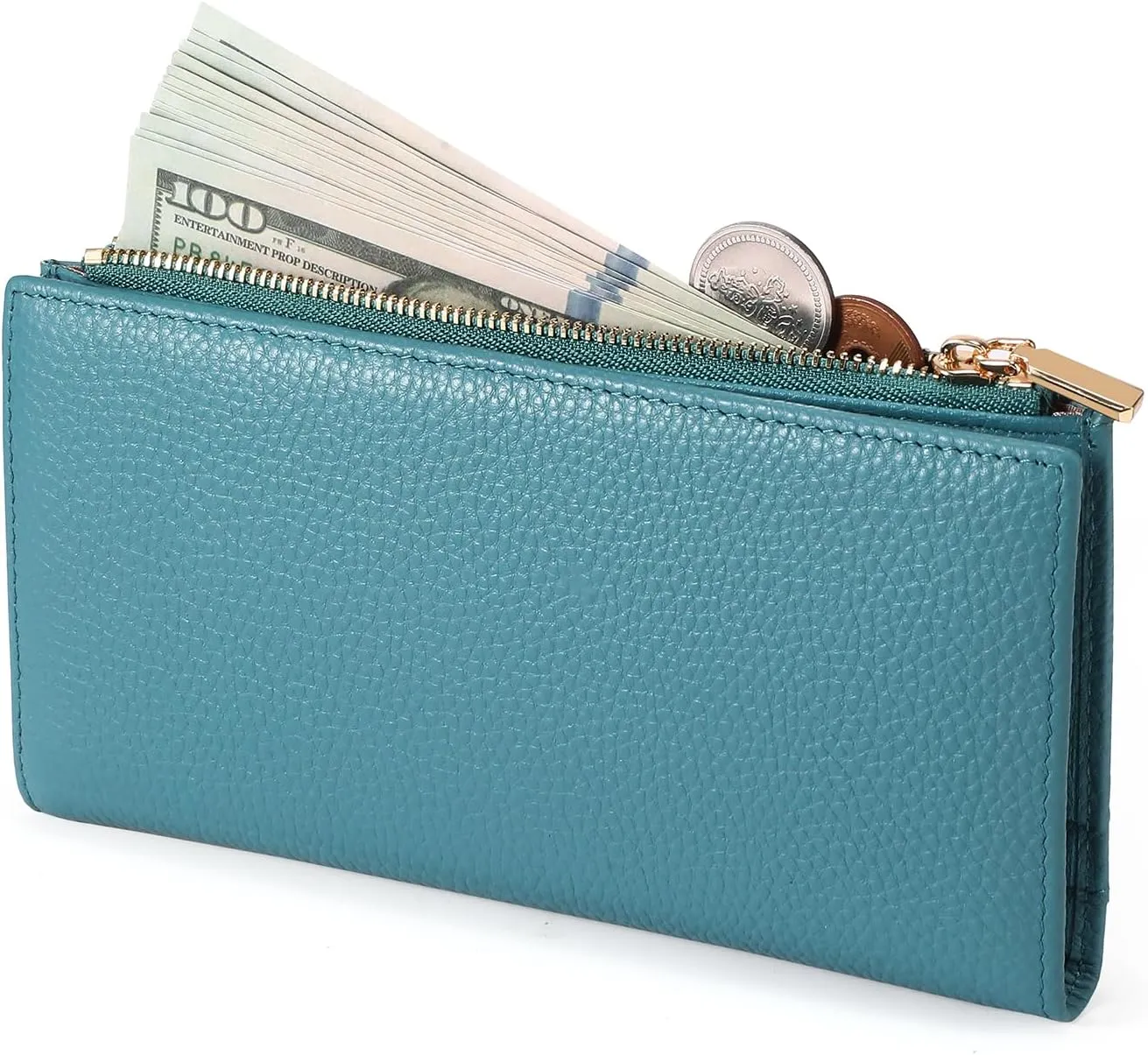 GOIACII Slim Wallet for Women Rfid Blocking Credit Card Holder with Zip Pocket Bifold Leather Blue