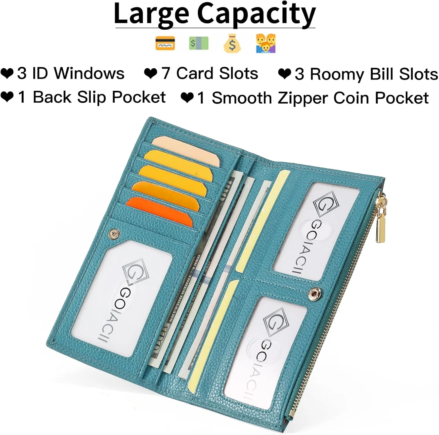 GOIACII Slim Wallet for Women Rfid Blocking Credit Card Holder with Zip Pocket Bifold Leather Blue