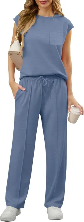 GRECERELLE 2 Piece Sets For Women Summer 2025 Outfits Lounge Sets Sleeveless Sweatsuits Wide Leg Tracksuits With Pockets