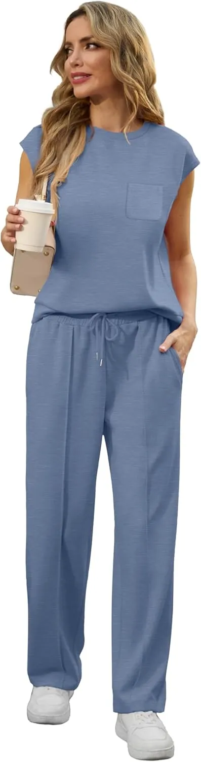 GRECERELLE 2 Piece Sets For Women Summer 2025 Outfits Lounge Sets Sleeveless Sweatsuits Wide Leg Tracksuits With Pockets