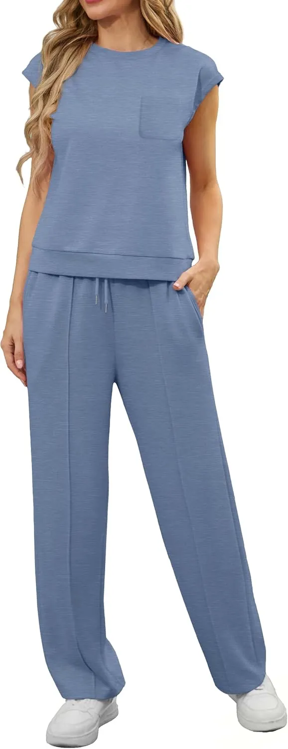 GRECERELLE 2 Piece Sets For Women Summer 2025 Outfits Lounge Sets Sleeveless Sweatsuits Wide Leg Tracksuits With Pockets