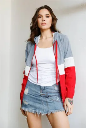 Grey Red & White Colorblock Zip-Up Hooded Wind Jacket /1-2-2-1