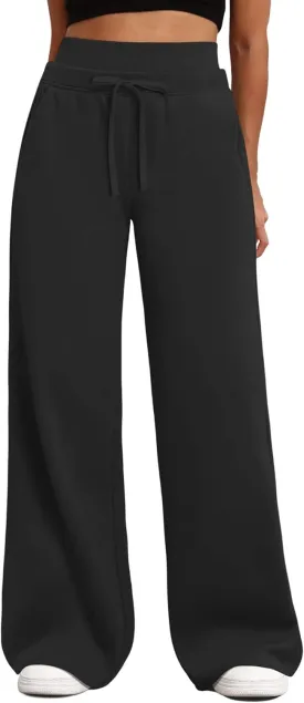 HeSaYep Women's Wide Leg Sweatpants Double Waisted Baggy Sweat Pants with Pockets