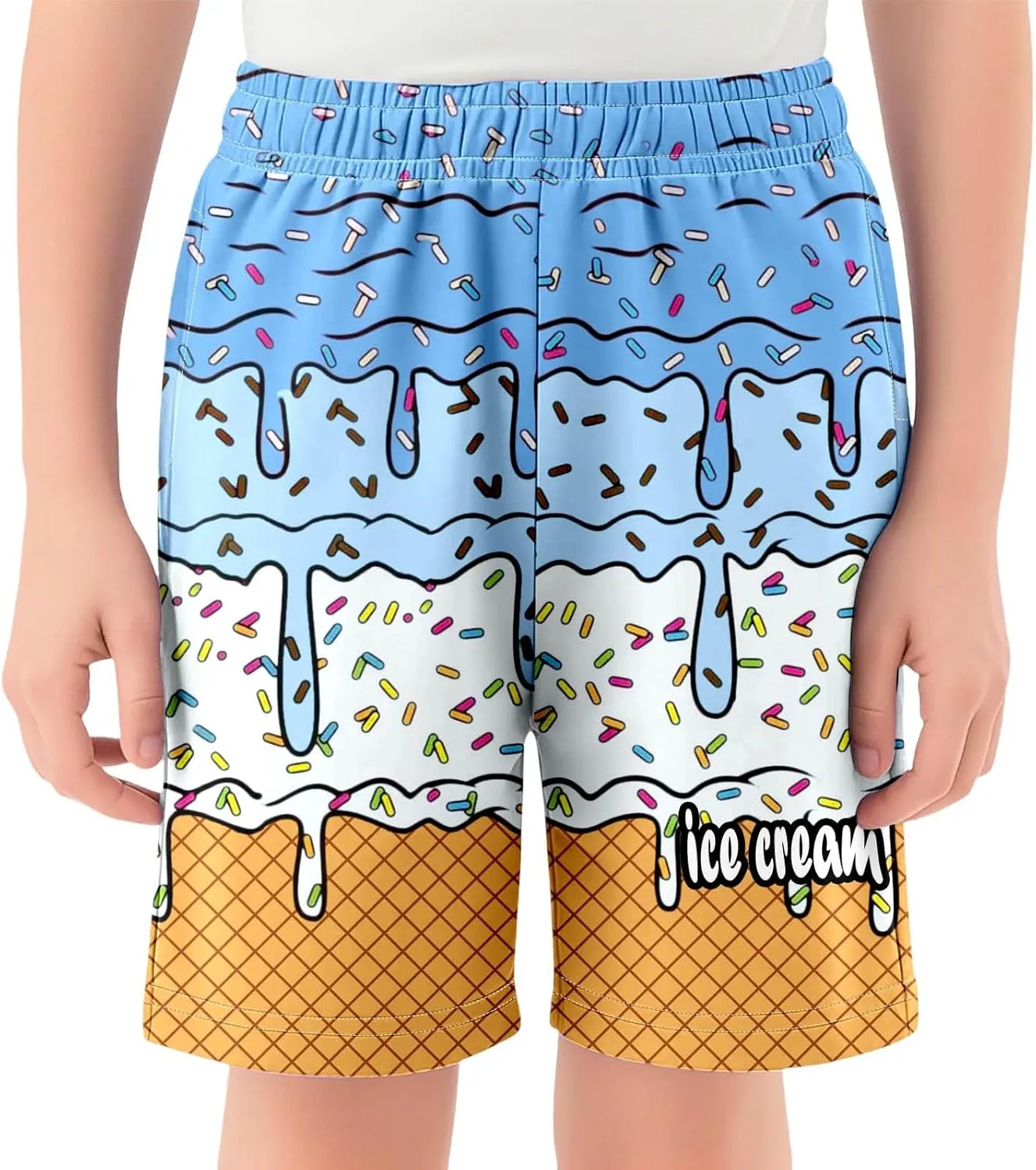 Ice Cream Shorts for 2-14T Boy Girl Elastic Waist with Pockets Summer Cool Preppy Ice Cream Drip Baseball Shorts