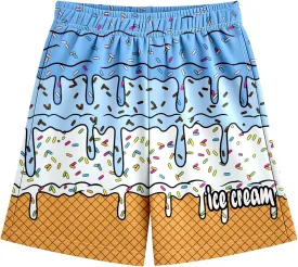 Ice Cream Shorts for 2-14T Boy Girl Elastic Waist with Pockets Summer Cool Preppy Ice Cream Drip Baseball Shorts