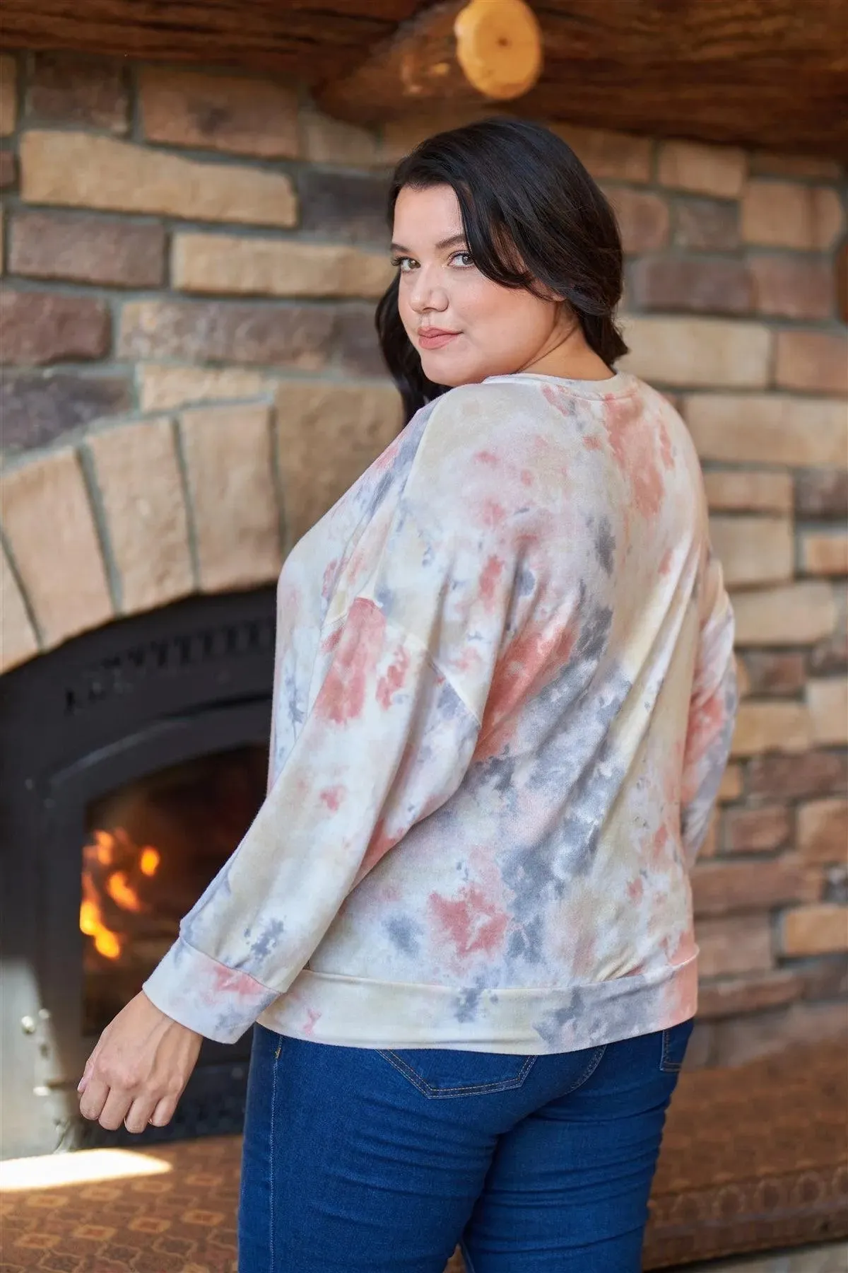 Junior Plus Multi Tie-Dye Crew Neck Long Bat Sleeve Dropped Shoulders Sweatshirt /3-2-1