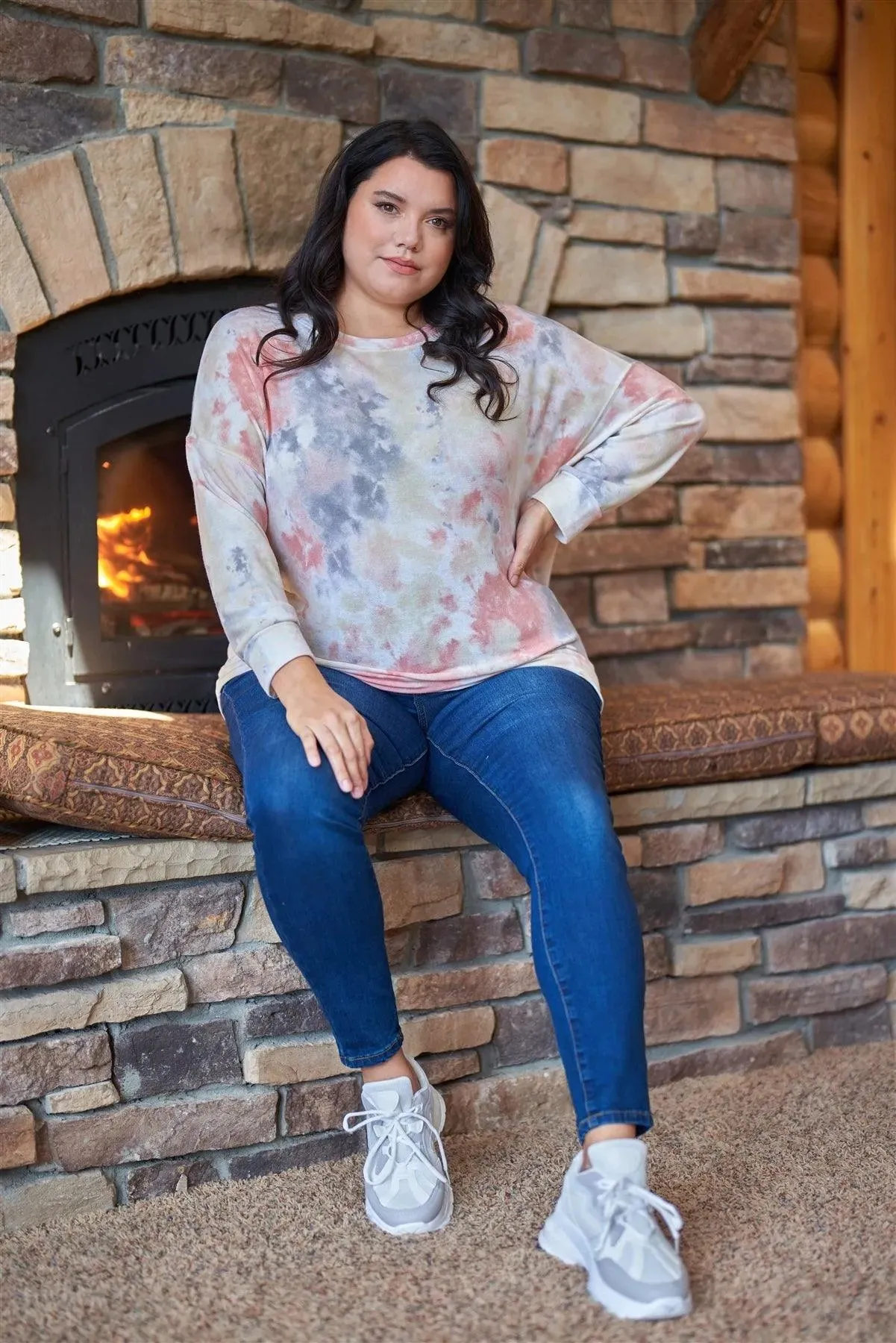 Junior Plus Multi Tie-Dye Crew Neck Long Bat Sleeve Dropped Shoulders Sweatshirt /3-2-1