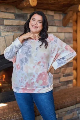 Junior Plus Multi Tie-Dye Crew Neck Long Bat Sleeve Dropped Shoulders Sweatshirt /3-2-1