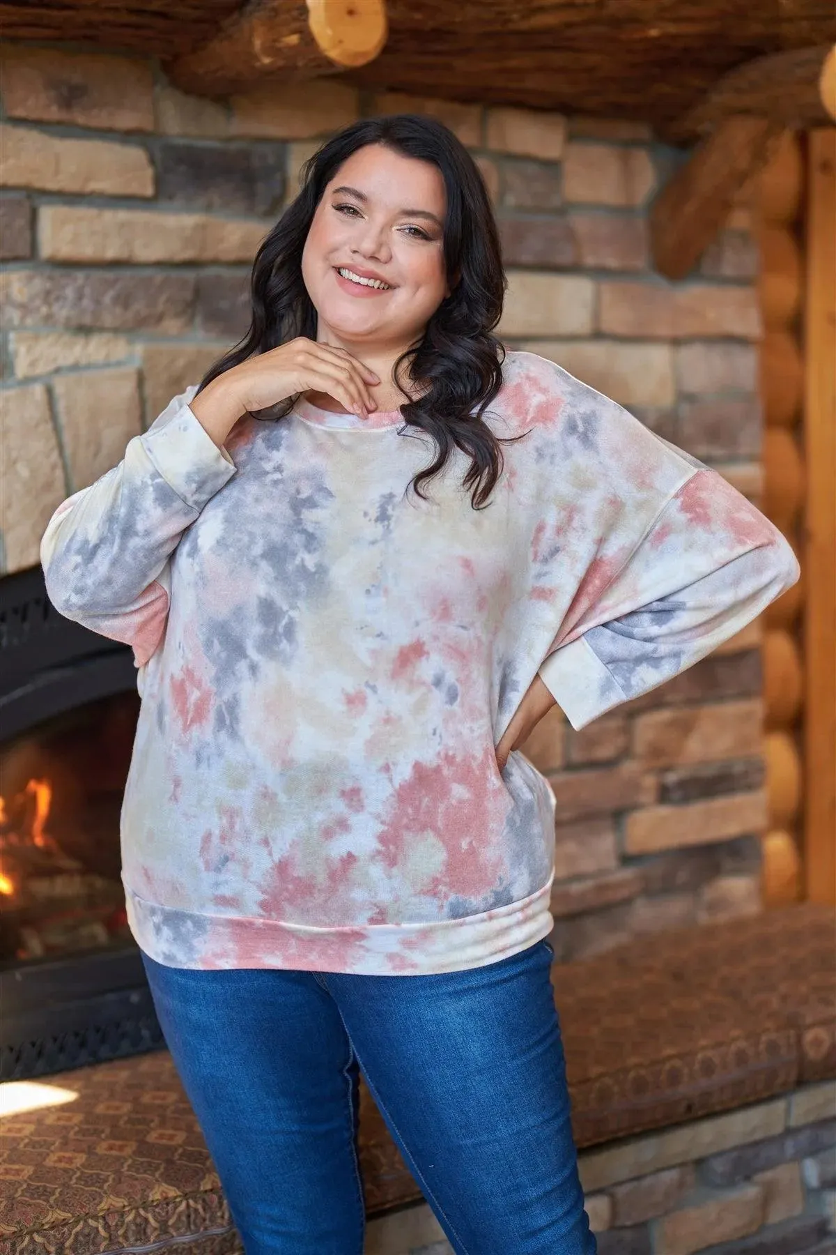 Junior Plus Multi Tie-Dye Crew Neck Long Bat Sleeve Dropped Shoulders Sweatshirt /3-2-1
