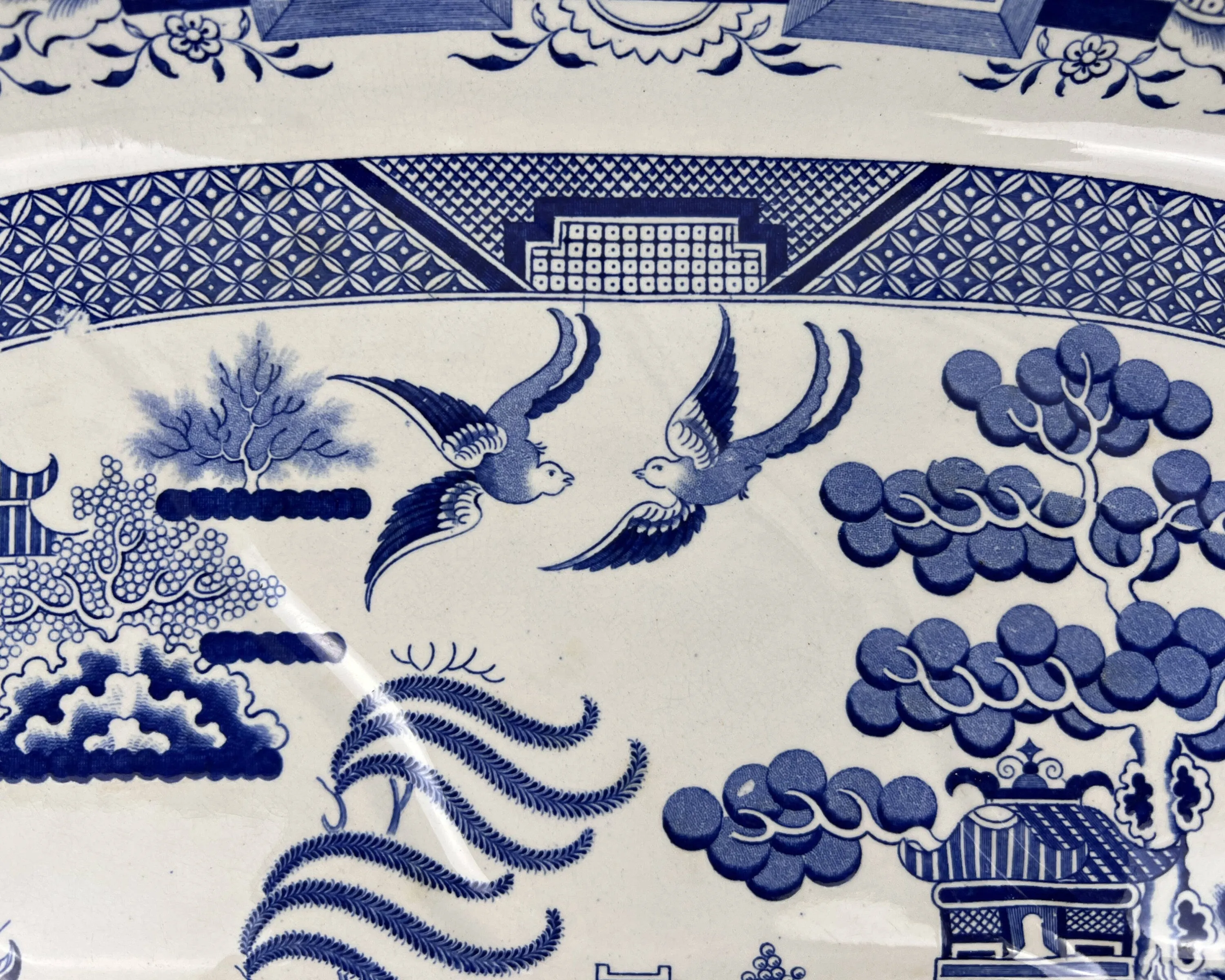 Large Antique 19th c Staffordshire Blue Willow Meat Platter with Well 17.75 x 22