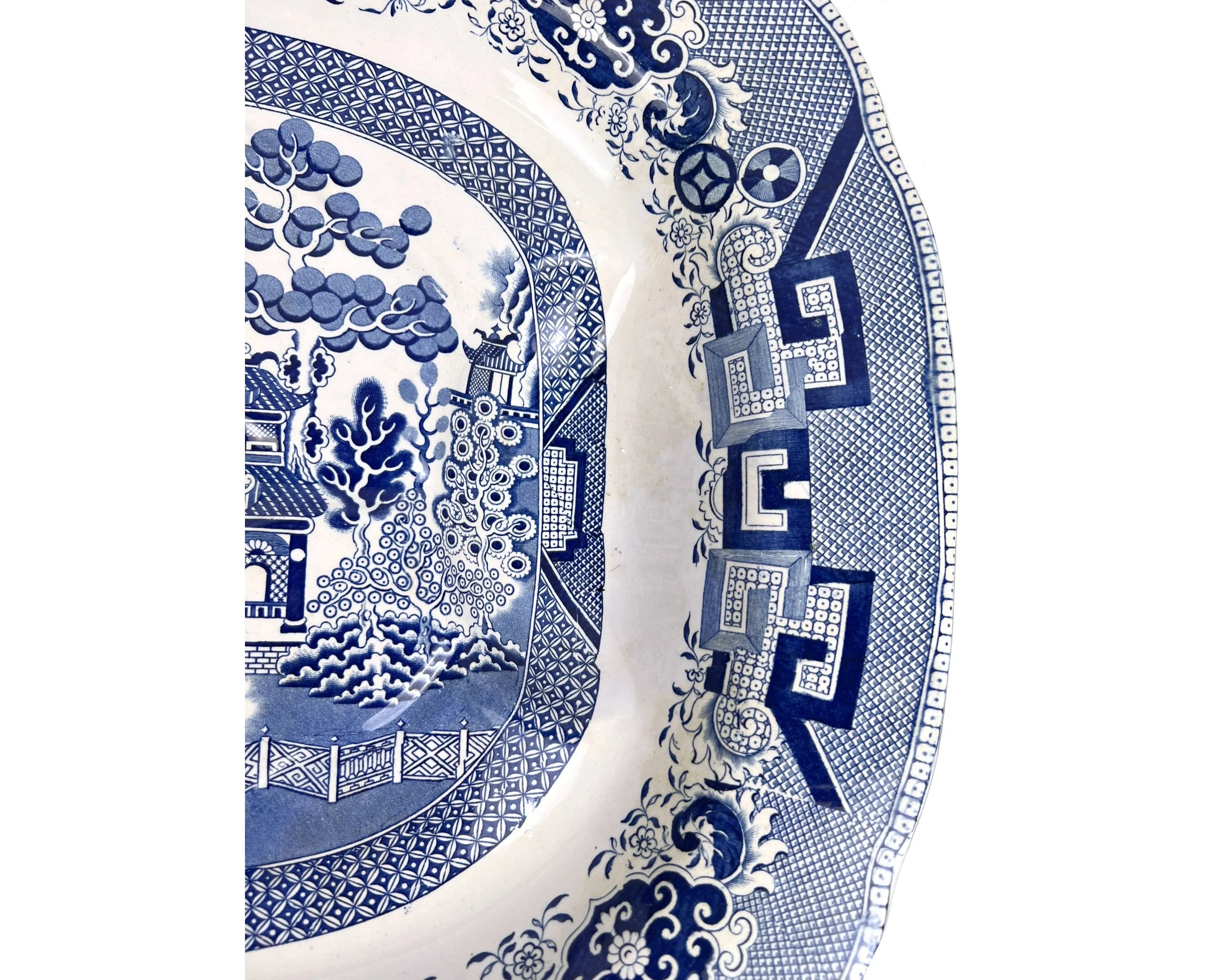 Large Antique 19th c Staffordshire Blue Willow Meat Platter with Well 17.75 x 22