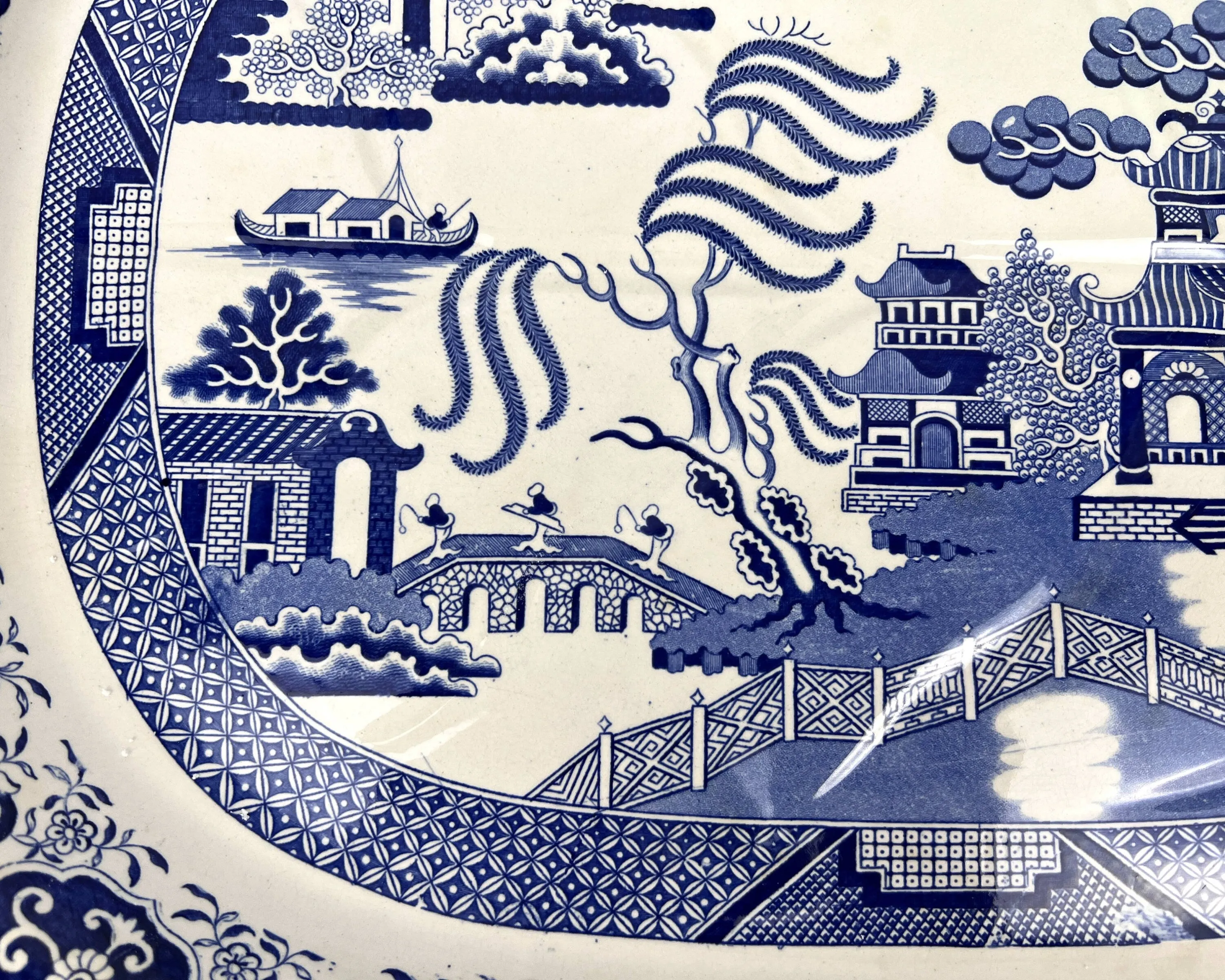 Large Antique 19th c Staffordshire Blue Willow Meat Platter with Well 17.75 x 22