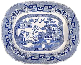 Large Antique 19th c Staffordshire Blue Willow Meat Platter with Well 17.75 x 22