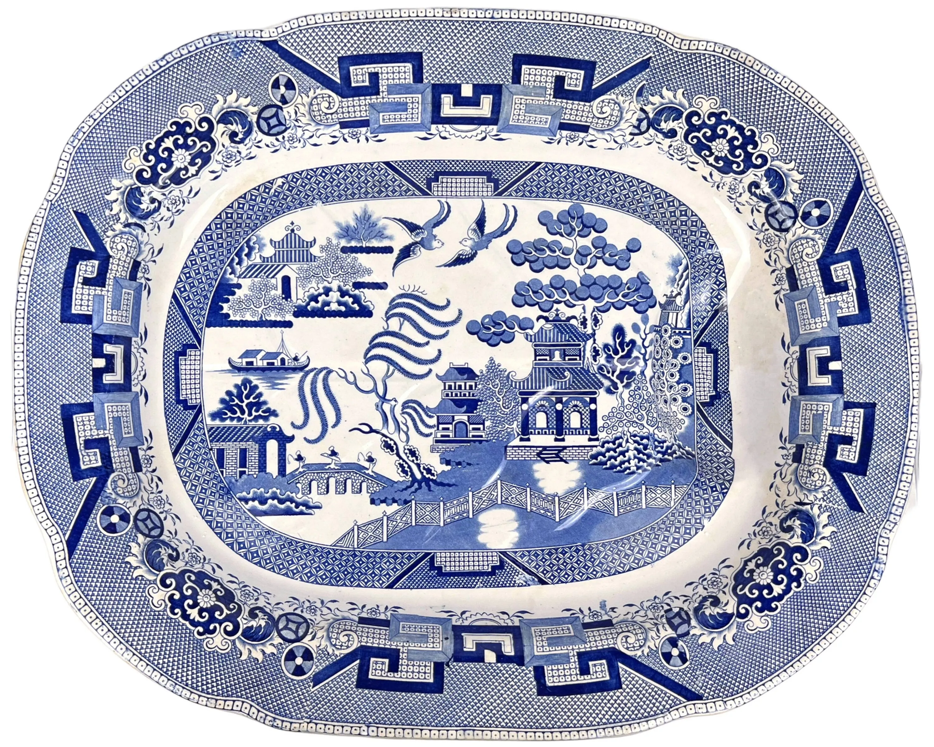 Large Antique 19th c Staffordshire Blue Willow Meat Platter with Well 17.75 x 22