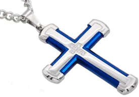 Mens Blue Stainless Steel Cross Pendant With Cubic Zirconia