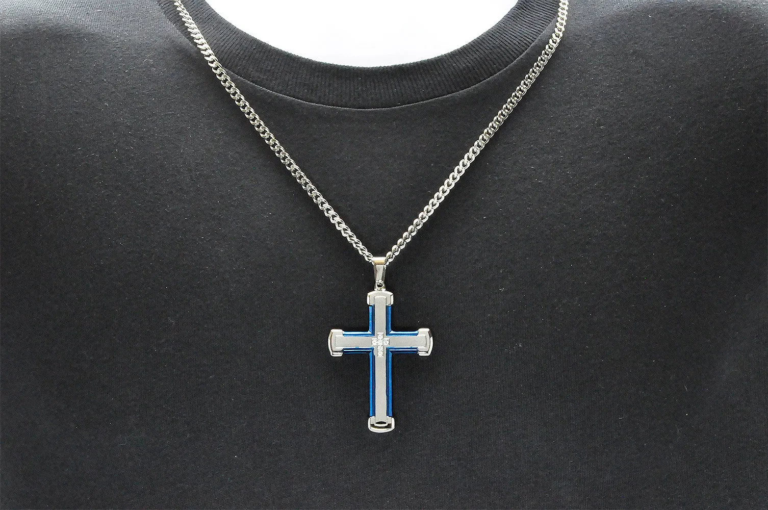 Mens Blue Stainless Steel Cross Pendant With Cubic Zirconia