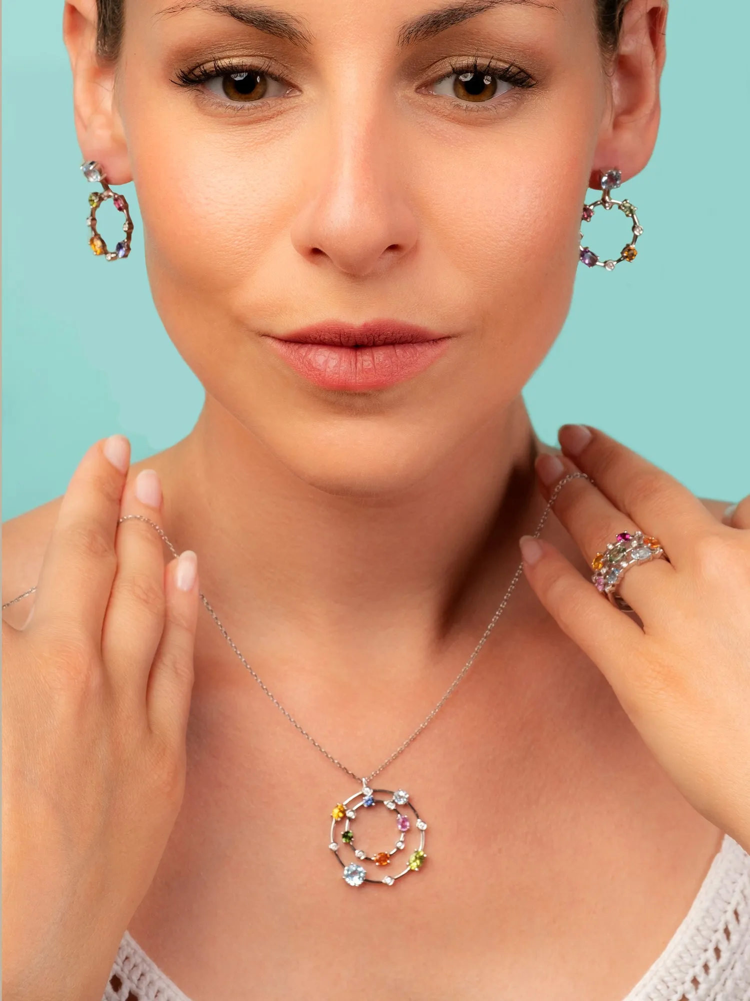 Multi coloured gemstones 18k rose gold pendant