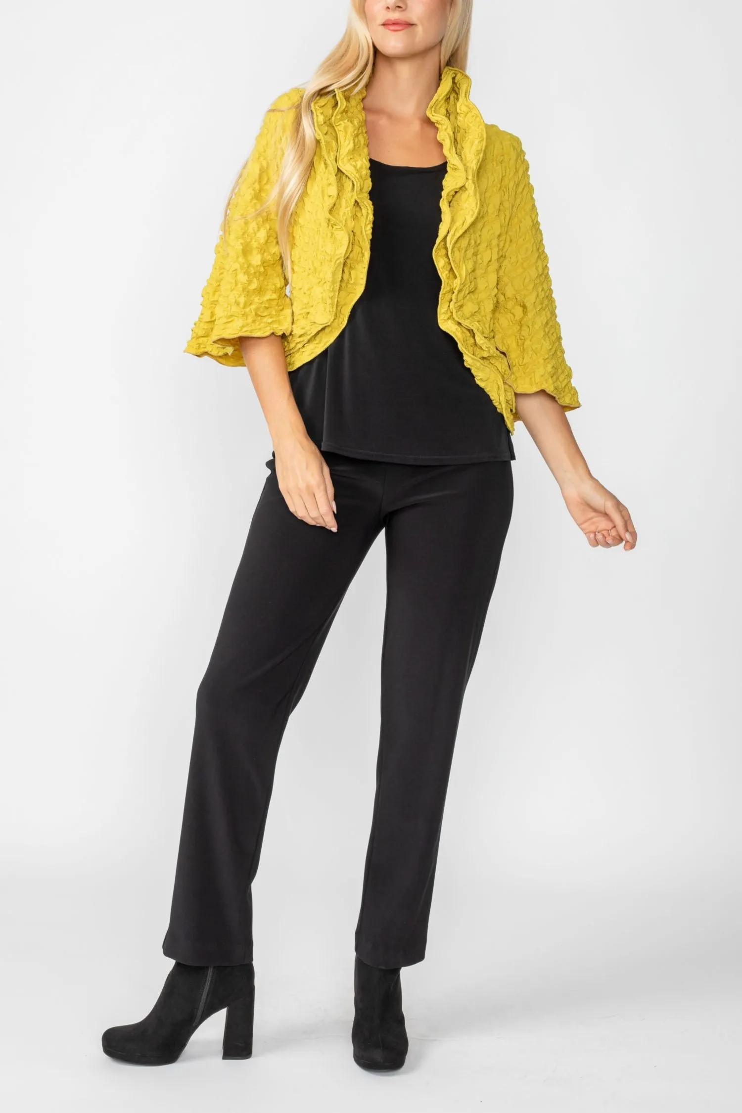 Mustard Bubble Check Ruffle Open Jacket