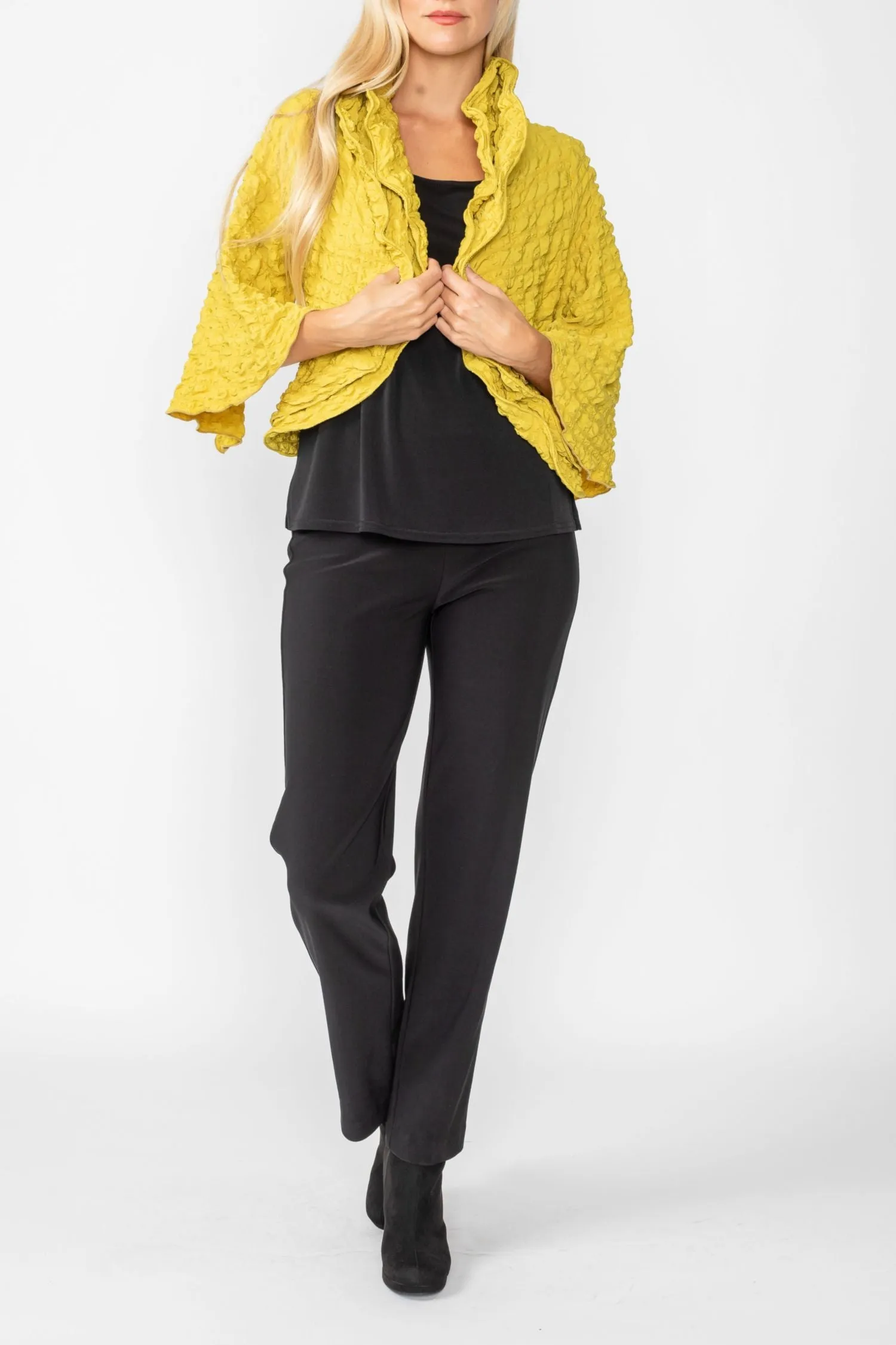 Mustard Bubble Check Ruffle Open Jacket