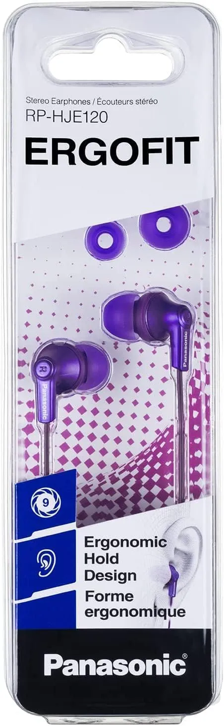 Panasonic ErgoFit Wired Earbuds, 3.5mm Jack in-Ear Headphones with Dynamic Crystal-Clear Sound and Soft Ergonomic Custom-Fit Earpieces (S/M/L), for Phones and Laptops - RP-HJE120-VA (Metallic Purple)