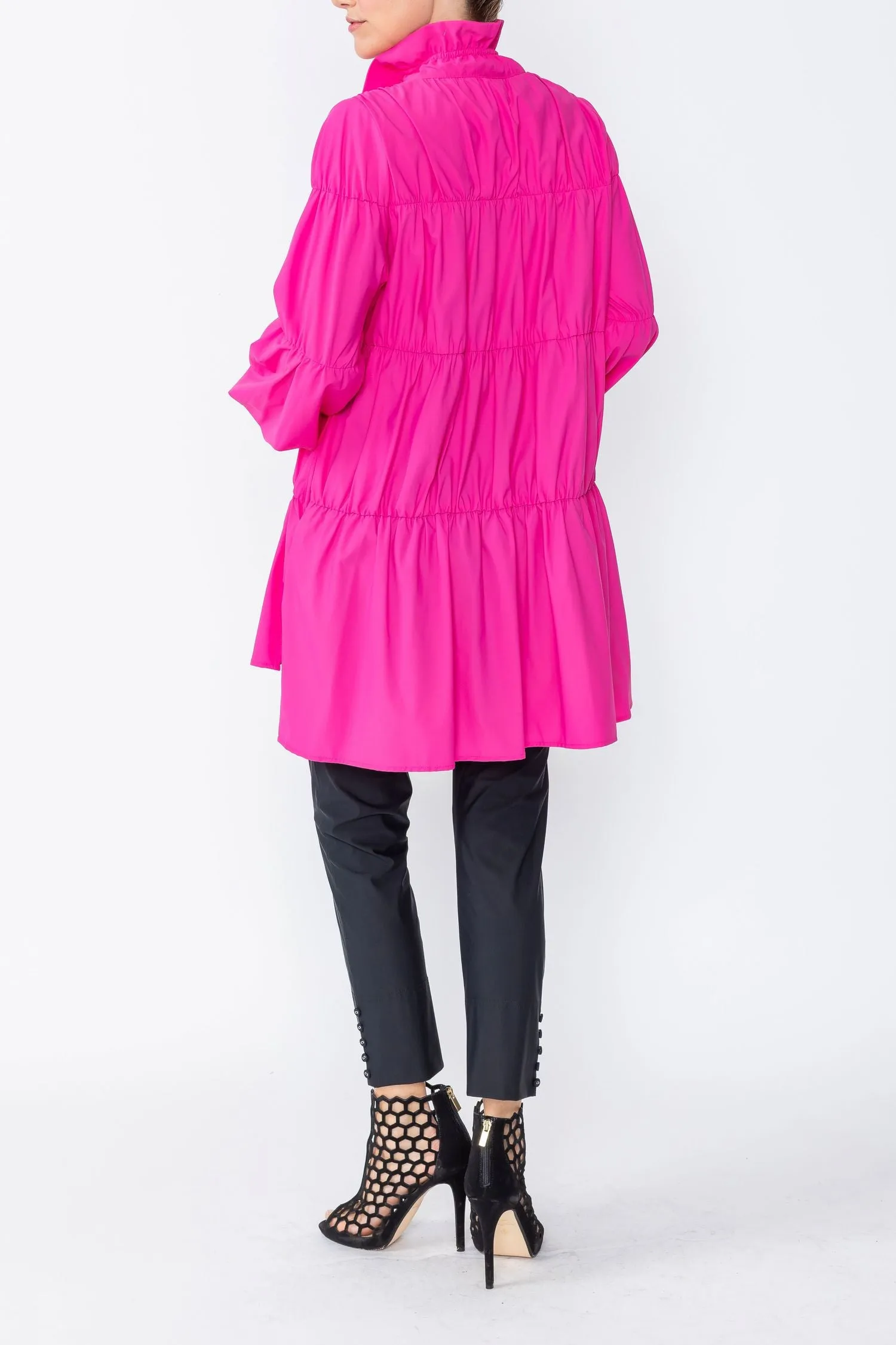 Pink Plus Size Shirring Blouson Sleeve Shirring Jacket